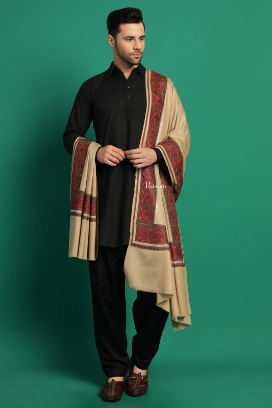 Pashtush India Mens Shawls Gents Shawl Pashtush Mens Fine Wool Shawl, Metallic Border Design, Beige