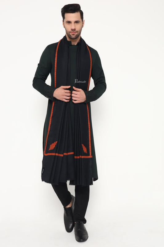 Pashtush India Mens Shawls Gents Shawl Pashtush Mens Fine Wool Shawl, Paisley Design, Black