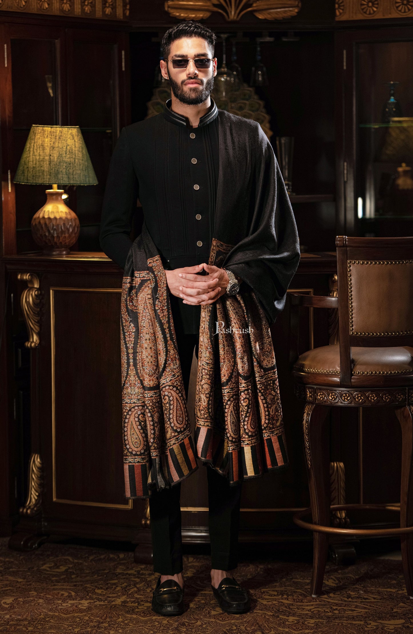 Pashtush India Mens Shawls Gents Shawl Pashtush Mens Fine Wool Shawl, Royal Collection, Palle-Dar Shawl, With Antique Jama Palla, Black, Full Size