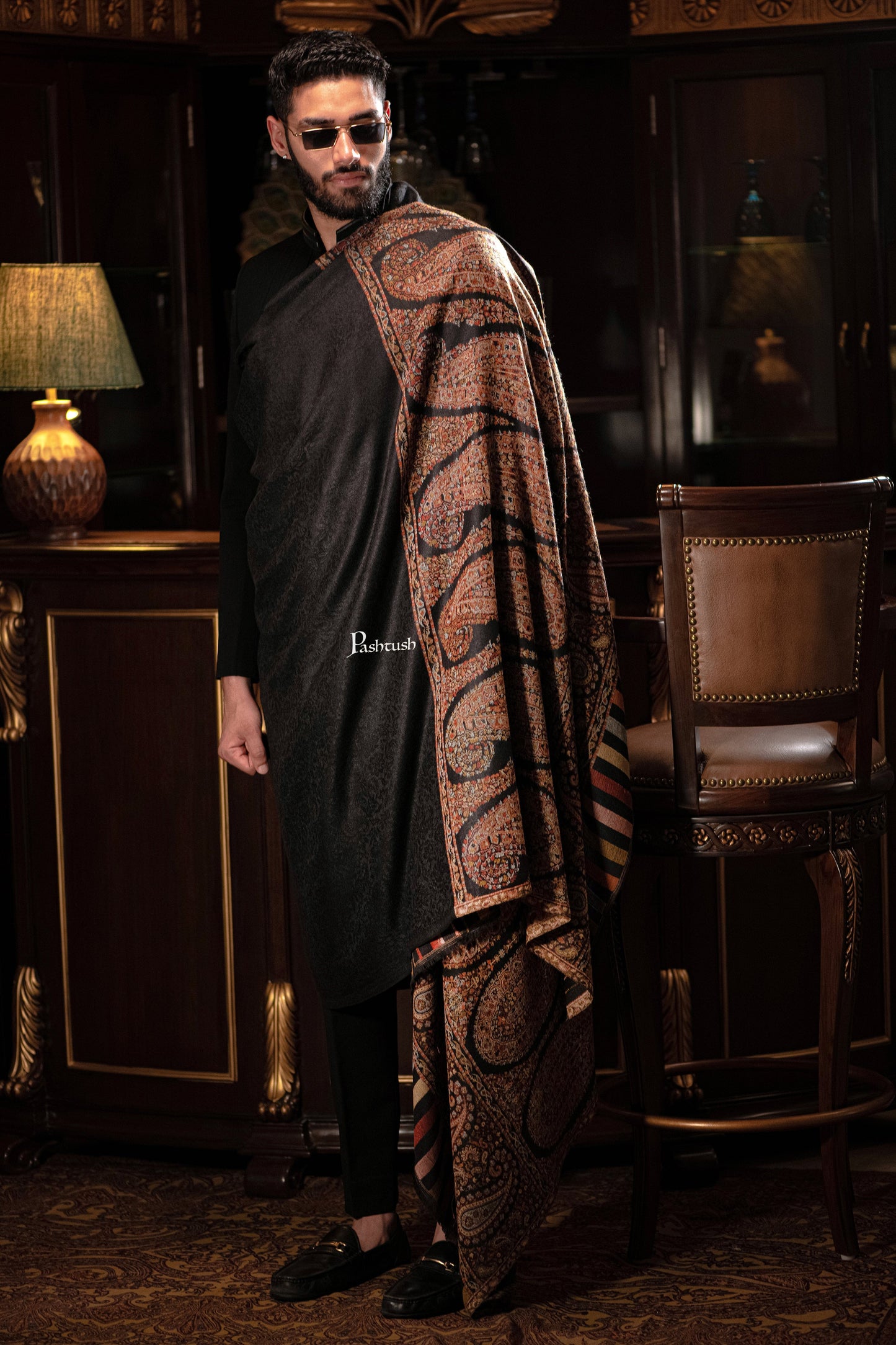 Pashtush India Mens Shawls Gents Shawl Pashtush Mens Fine Wool Shawl, Royal Collection, Palle-Dar Shawl, With Antique Jama Palla, Black, Full Size
