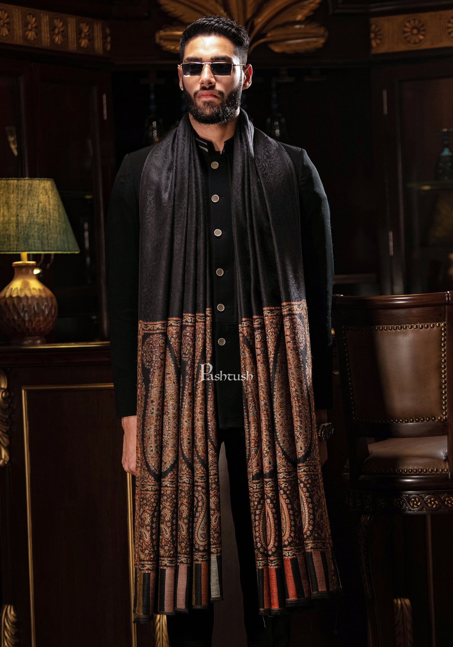Pashtush India Mens Shawls Gents Shawl Pashtush Mens Fine Wool Shawl, Royal Collection, Palle-Dar Shawl, With Antique Jama Palla, Black, Full Size