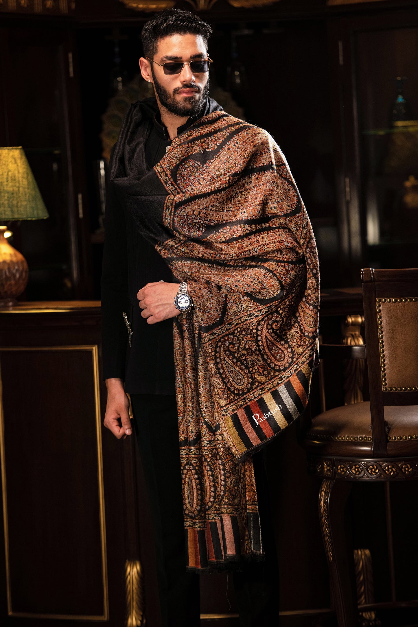 Pashtush India Mens Shawls Gents Shawl Pashtush Mens Fine Wool Shawl, Royal Collection, Palle-Dar Shawl, With Antique Jama Palla, Black, Full Size