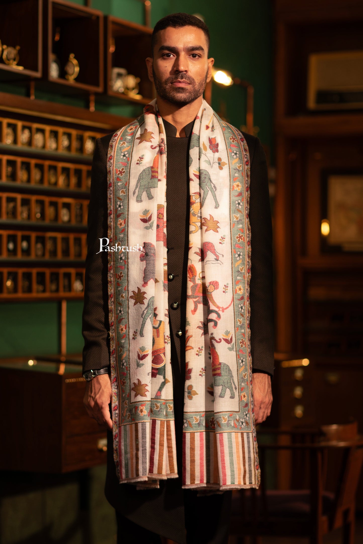 Pashtush India Mens Shawls Gents Shawl Pashtush Mens Fine Wool Shawl, Shikaardar Design, Emily Ivory