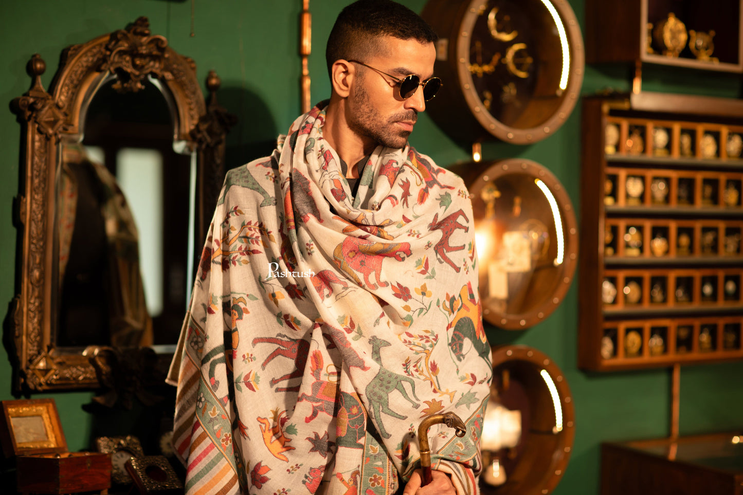 Pashtush India Mens Shawls Gents Shawl Pashtush Mens Fine Wool Shawl, Shikaardar Design, Emily Ivory