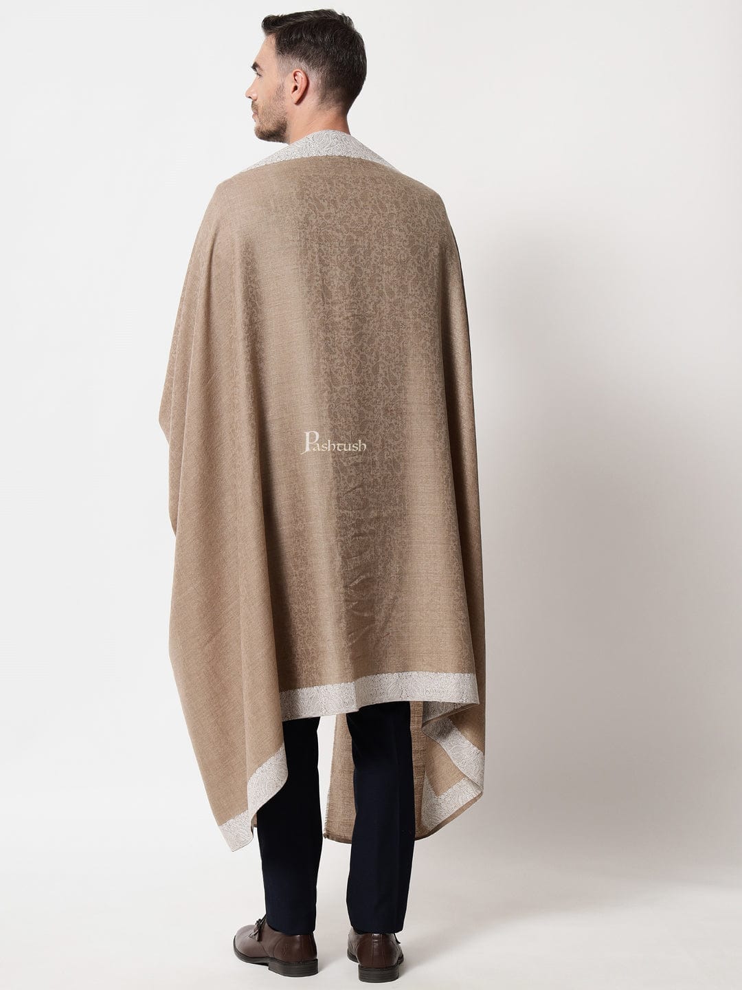 Pashtush India Mens Shawls Gents Shawl Pashtush mens Fine wool shawl, tone tone embroidery border design, Beige