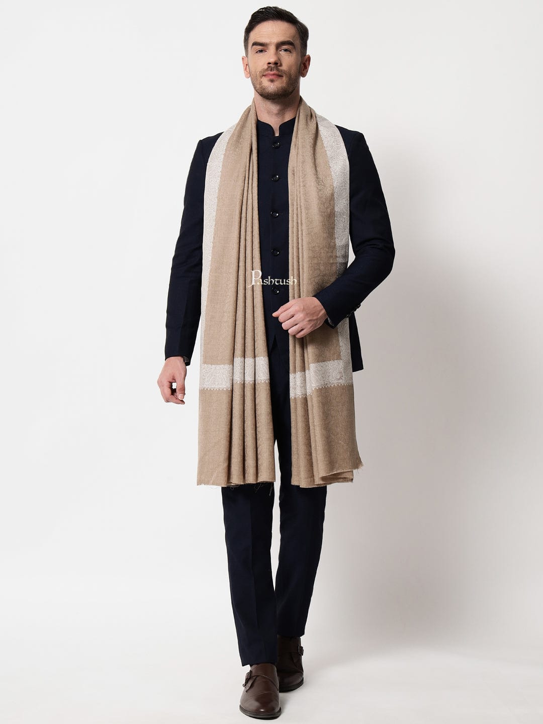 Pashtush India Mens Shawls Gents Shawl Pashtush mens Fine wool shawl, tone tone embroidery border design, Beige