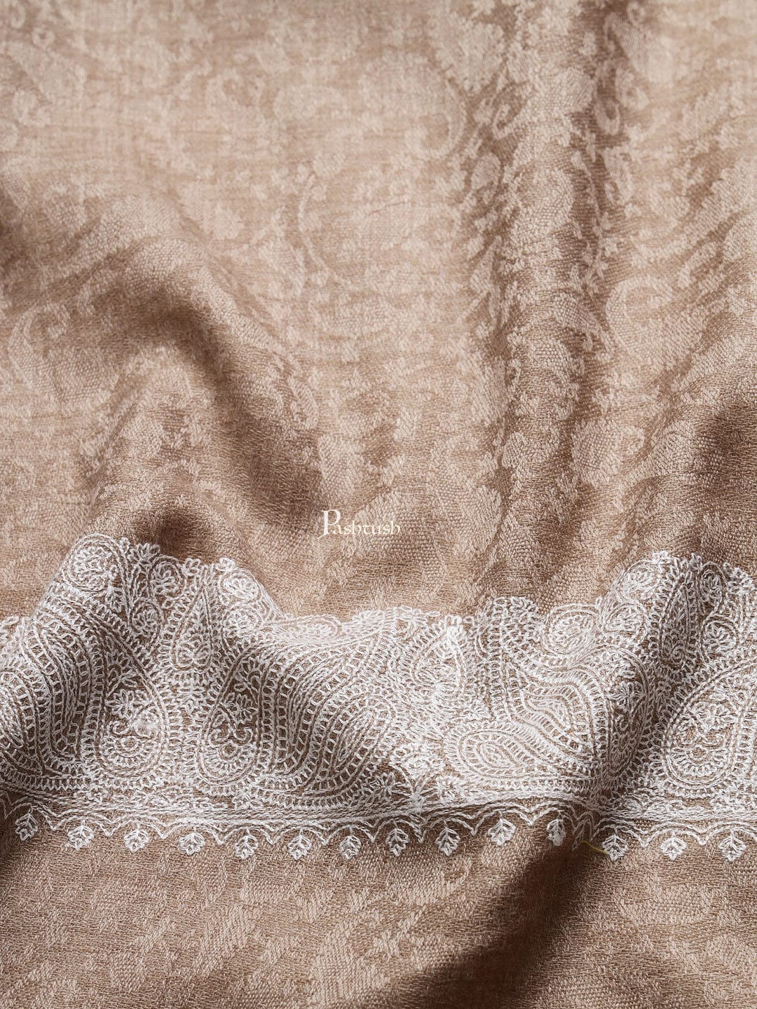 Pashtush India Mens Shawls Gents Shawl Pashtush mens Fine wool shawl, tone tone embroidery border design, Beige