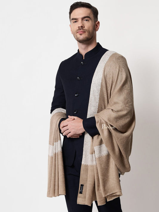 Pashtush India Mens Shawls Gents Shawl Pashtush mens Fine wool shawl, tone tone embroidery border design, Beige