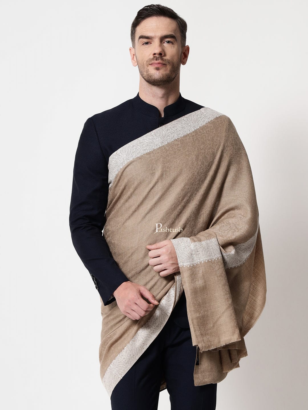 Pashtush India Mens Shawls Gents Shawl Pashtush mens Fine wool shawl, tone tone embroidery border design, Beige