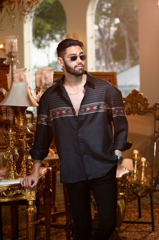 Pashtush India Mens Shirt Pashtush Mens Fine Wool Shirt, Ethnic Aztec Weave, Rich Black