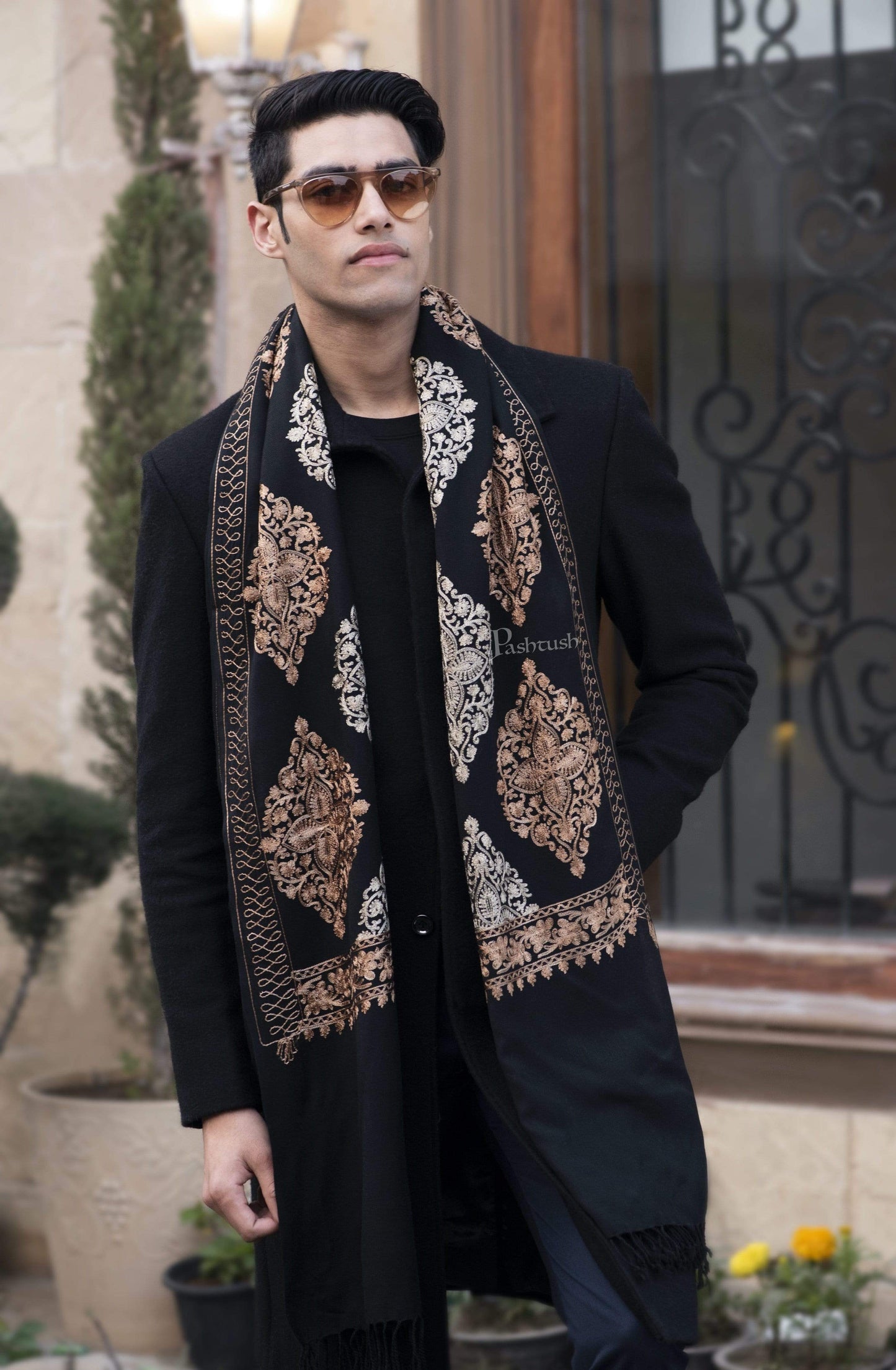 Pashtush India 70x200 Pashtush Mens Fine Wool, Silky Embroidery Needlework Stole, Black