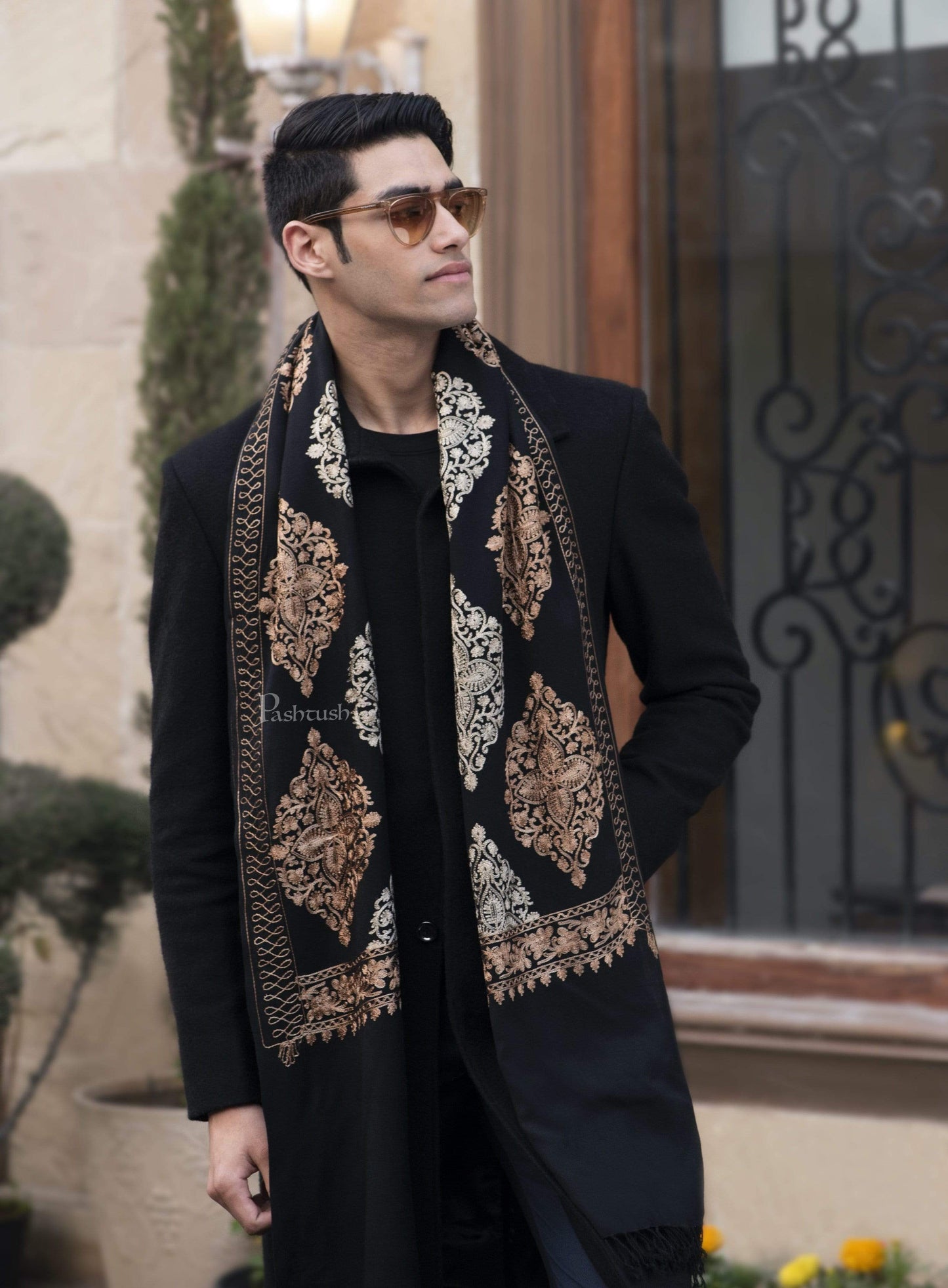 Pashtush India 70x200 Pashtush Mens Fine Wool, Silky Embroidery Needlework Stole, Black