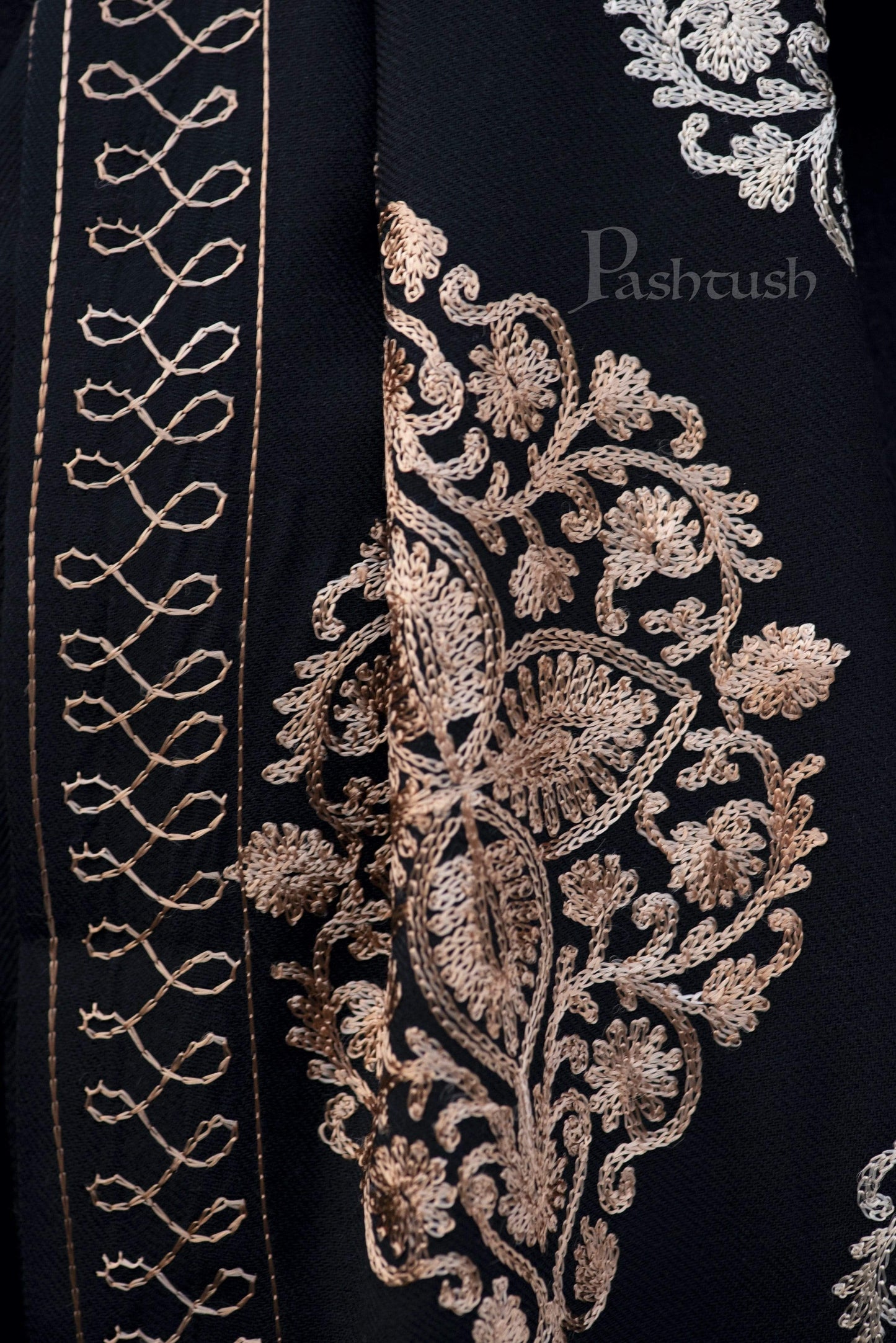 Pashtush India 70x200 Pashtush Mens Fine Wool, Silky Embroidery Needlework Stole, Black