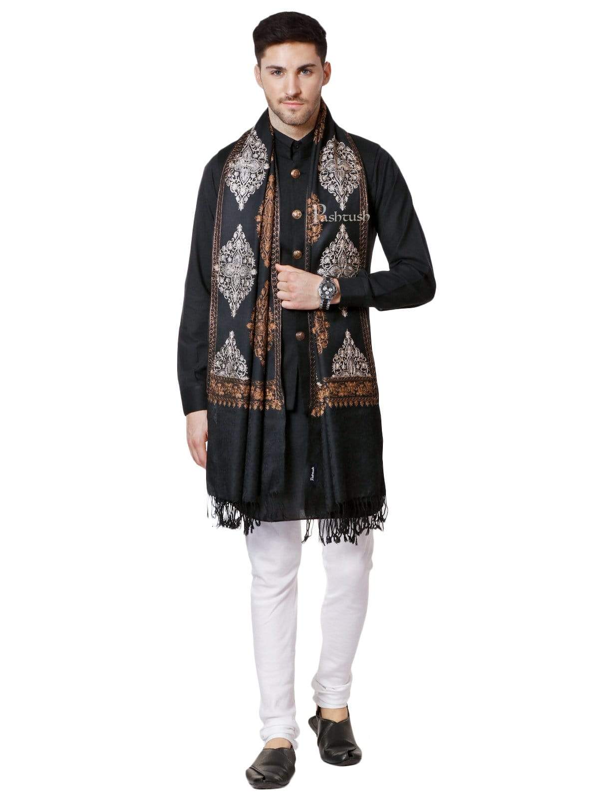 Pashtush India 70x200 Pashtush Mens Fine Wool, Silky Embroidery Needlework Stole, Black