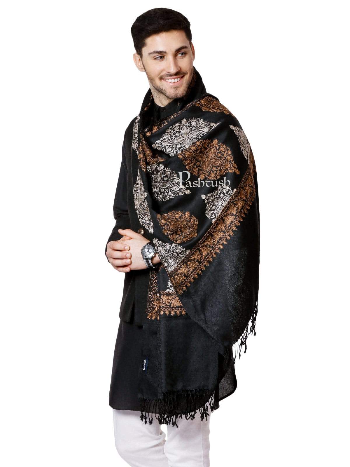 Pashtush India 70x200 Pashtush Mens Fine Wool, Silky Embroidery Needlework Stole, Black