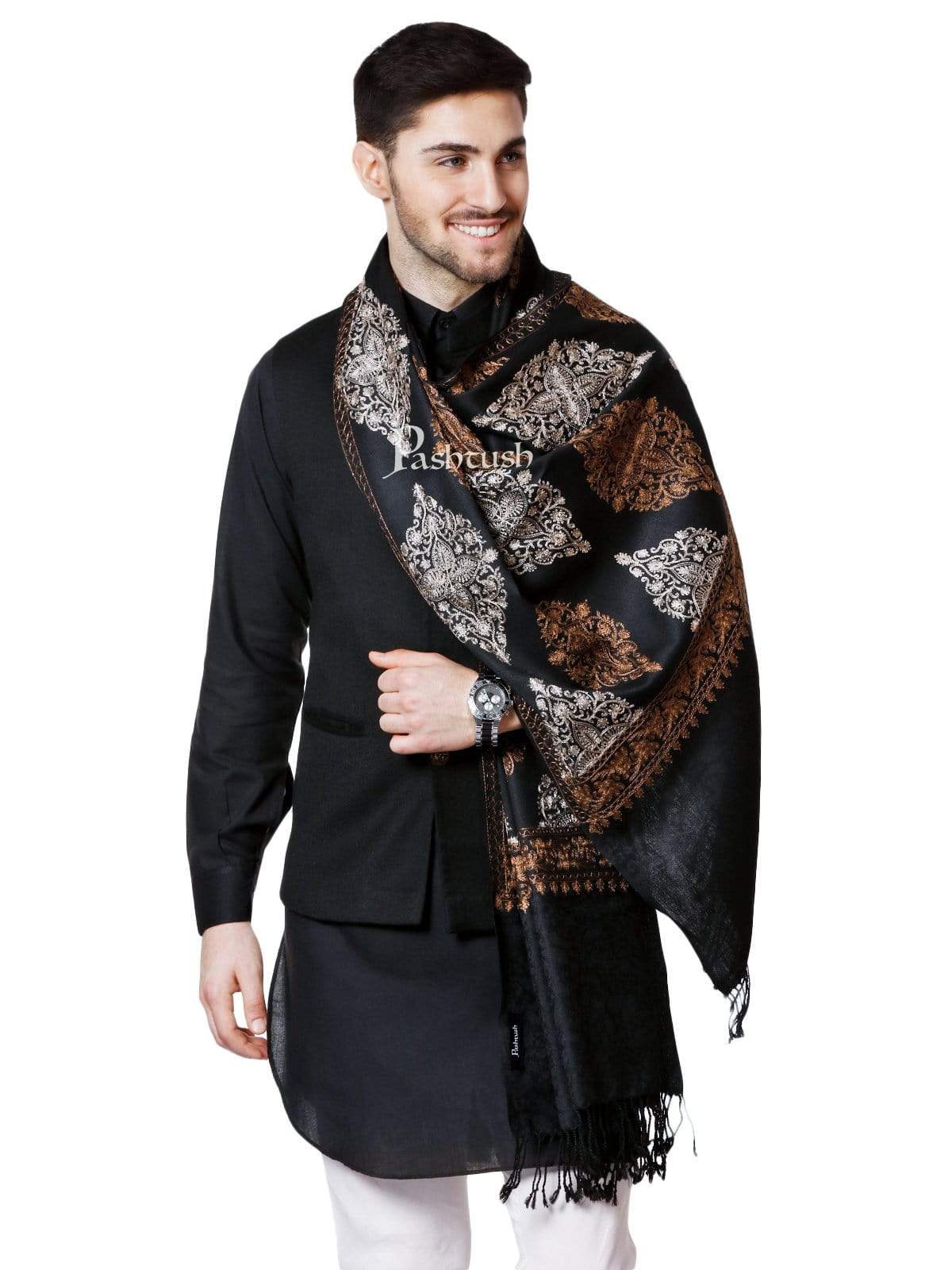 Pashtush India 70x200 Pashtush Mens Fine Wool, Silky Embroidery Needlework Stole, Black