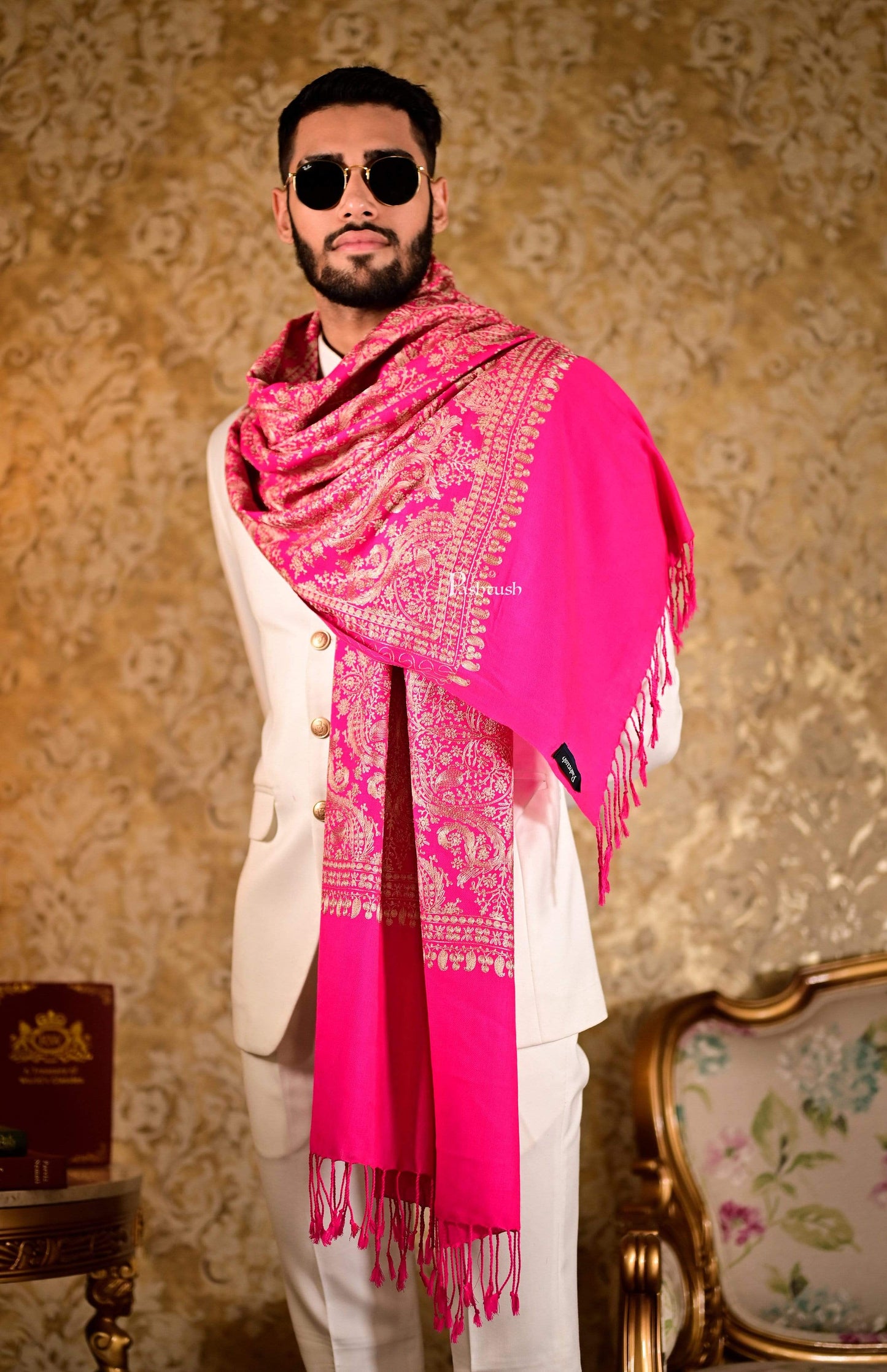 Pashtush India 70x200 Pashtush Mens Fine Wool, Silky Nalki Embroidery Needlework Stole, Hot Pink