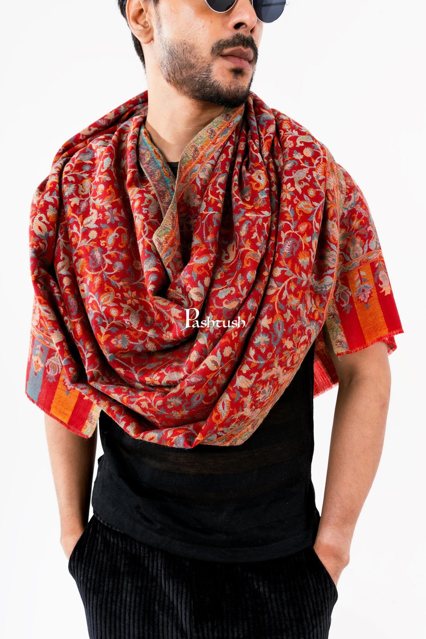 Pashtush India Mens Scarves Stoles and Mufflers Pashtush Mens Fine Wool Stole, Ethnic Weave Design, Luxury Garnet