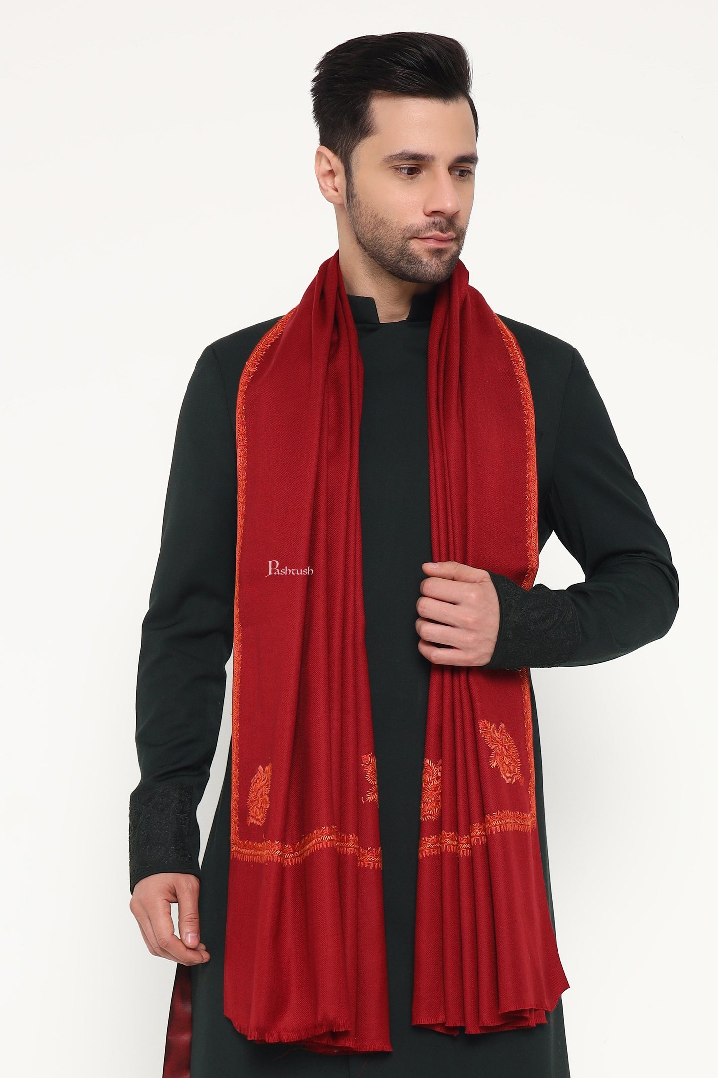 Pashtush India Mens Scarves Stoles and Mufflers Pashtush Mens Fine Wool Stole, Hand Embroidery Ambi Design, Maroon