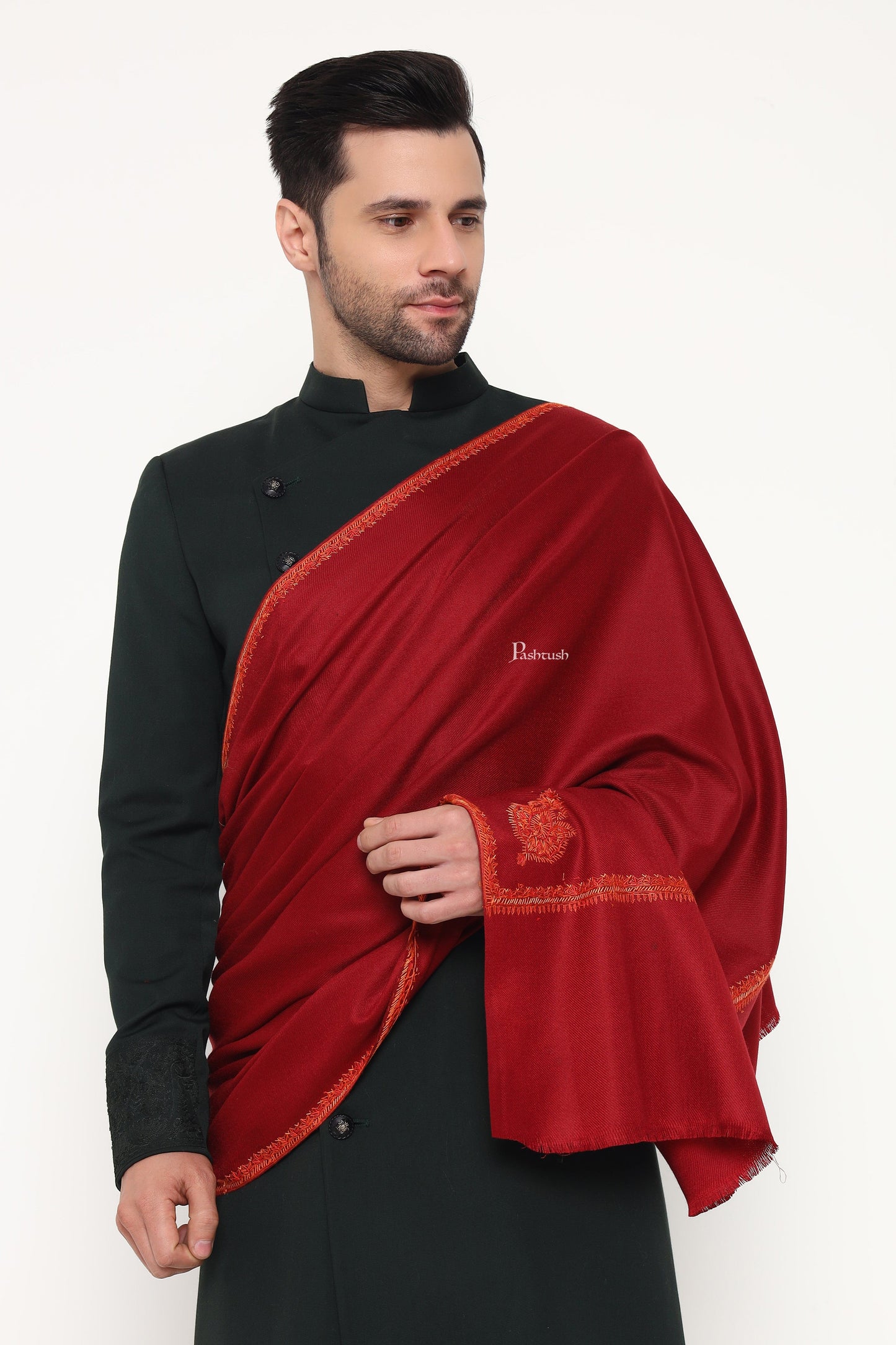 Pashtush India Mens Scarves Stoles and Mufflers Pashtush Mens Fine Wool Stole, Hand Embroidery Ambi Design, Maroon