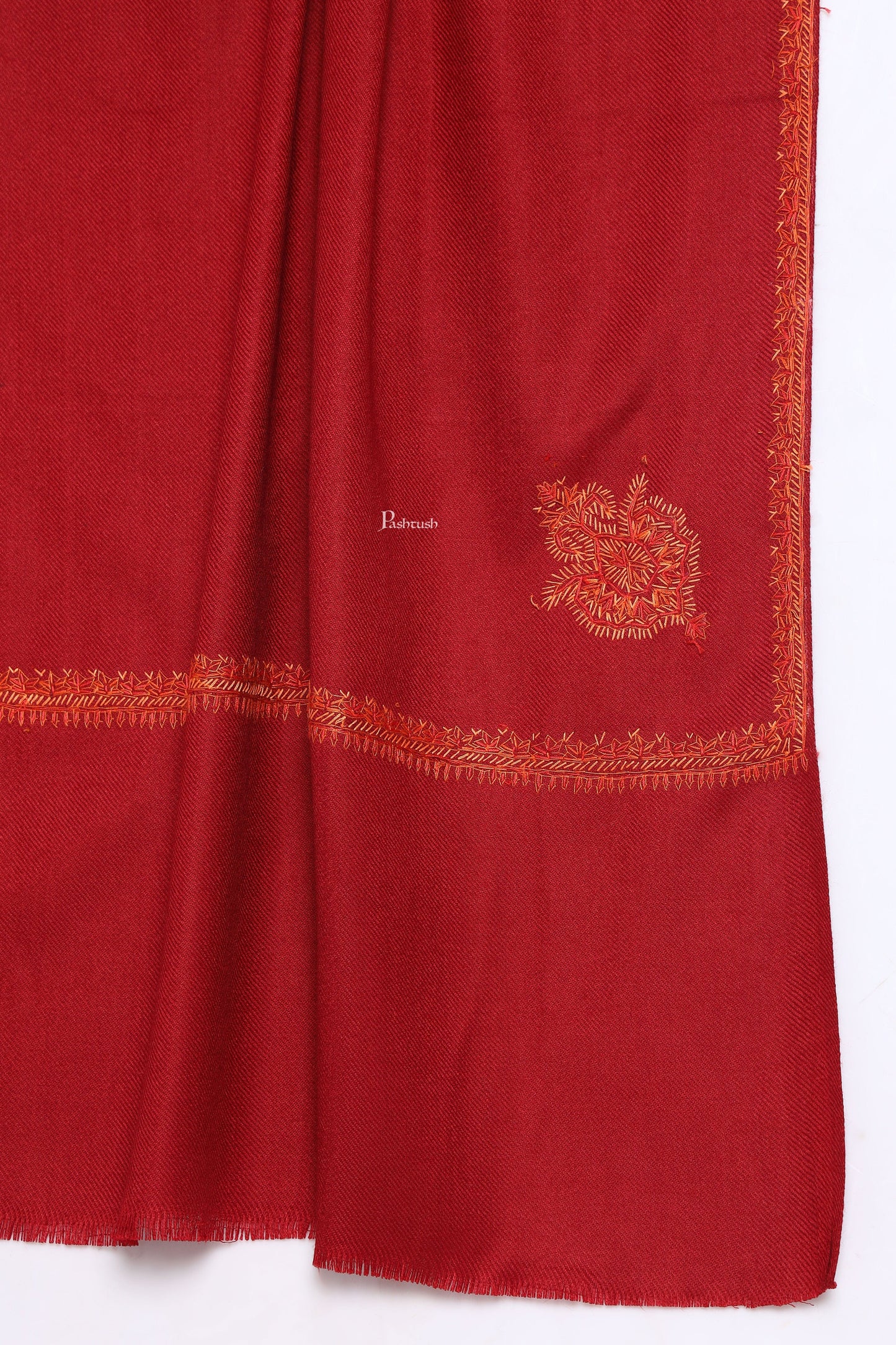 Pashtush India Mens Scarves Stoles and Mufflers Pashtush Mens Fine Wool Stole, Hand Embroidery Ambi Design, Maroon