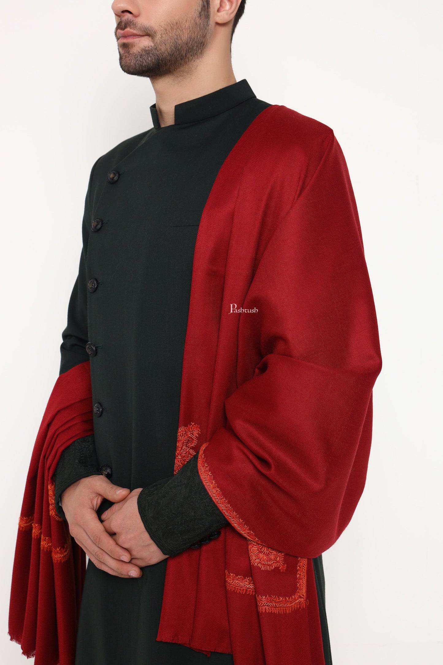 Pashtush India Mens Scarves Stoles and Mufflers Pashtush Mens Fine Wool Stole, Hand Embroidery Ambi Design, Maroon