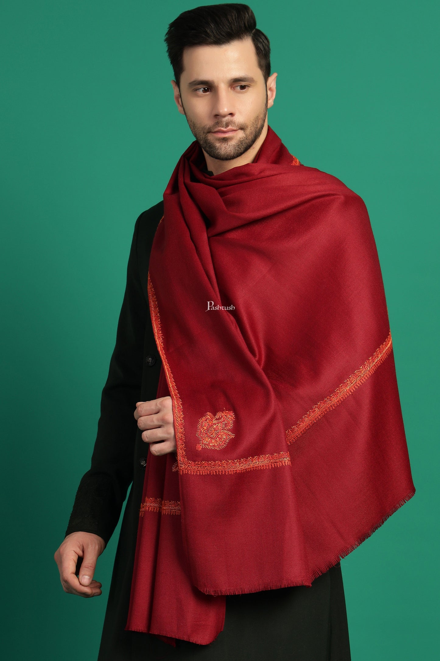 Pashtush India Mens Scarves Stoles and Mufflers Pashtush Mens Fine Wool Stole, Hand Embroidery Ambi Design, Maroon