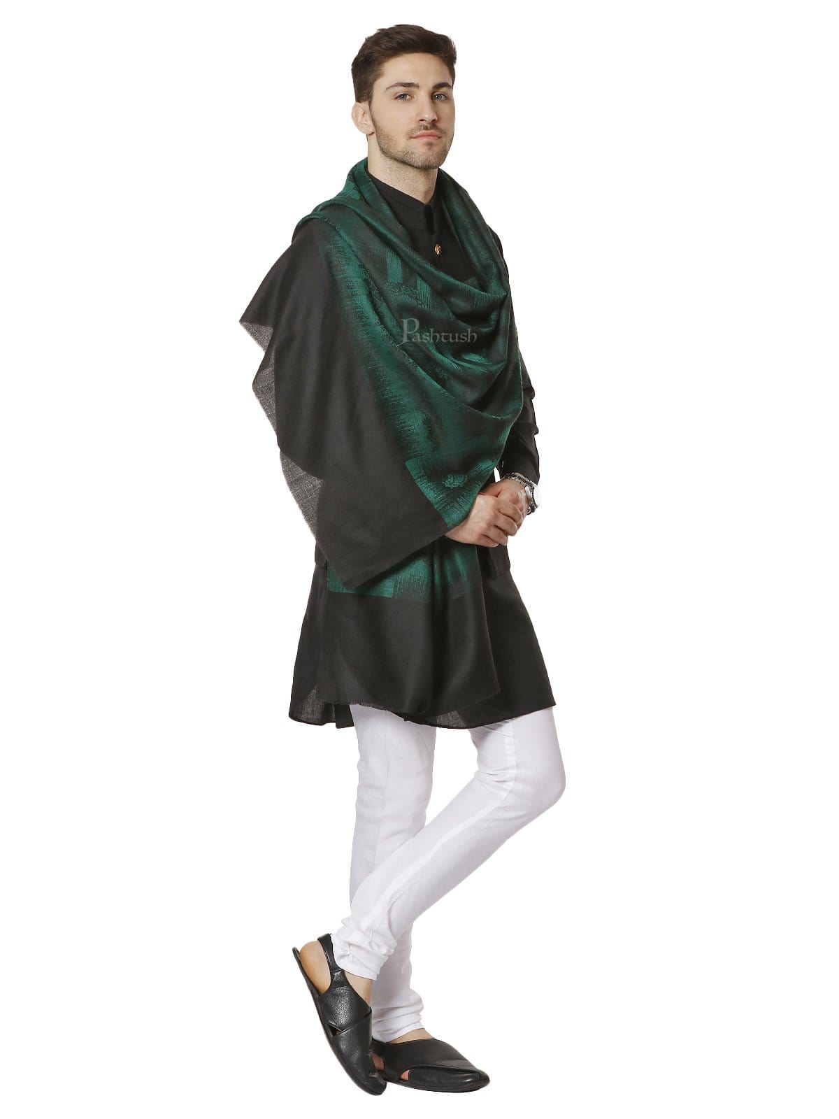 Pashtush India 70x200 Pashtush Mens Fine Wool Stole, Ikkat Design, Azure Green