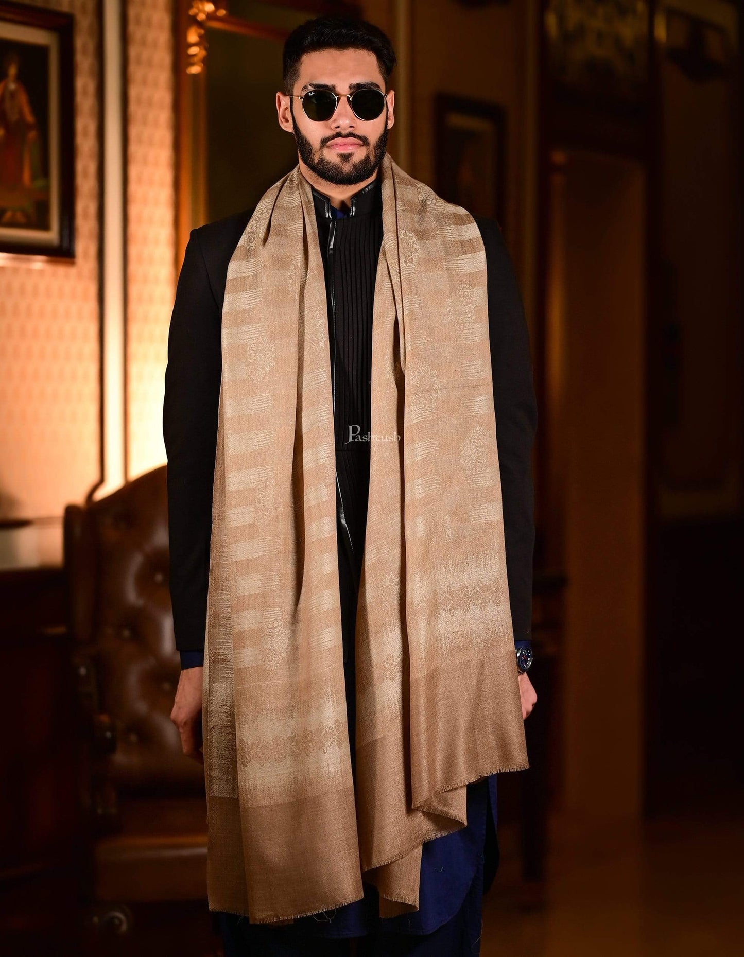 Pashtush India 70x200 Pashtush Mens Fine Wool Stole, Ikkat Design, Beige