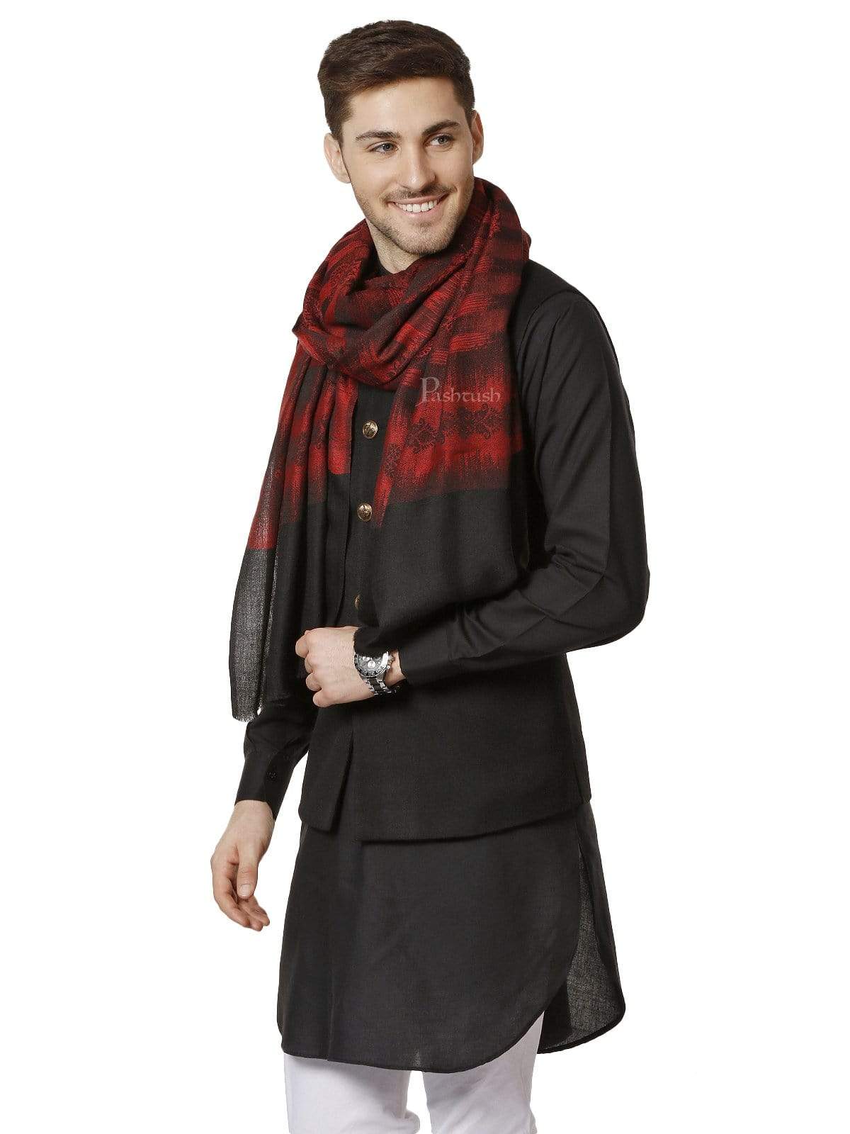 Pashtush India 70x200 Pashtush Mens Fine Wool Stole, Ikkat Design, Maroon and Black