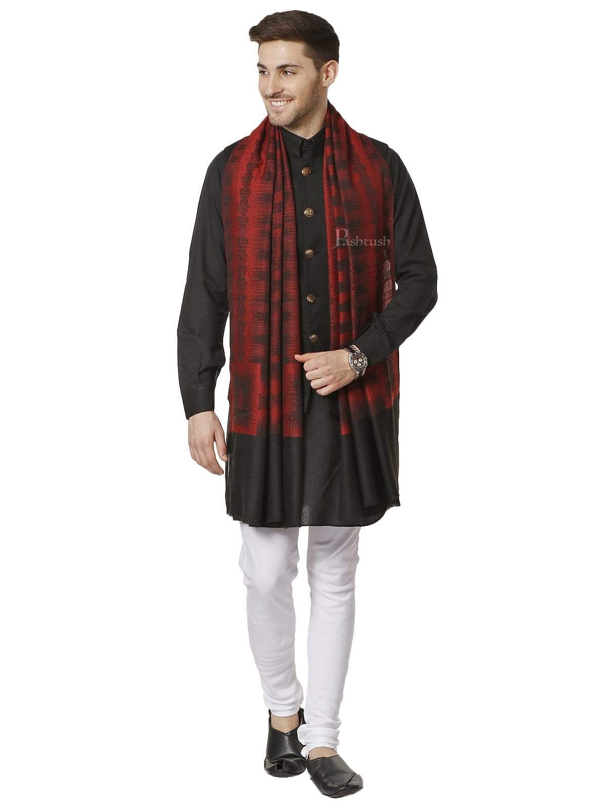 Pashtush India 70x200 Pashtush Mens Fine Wool Stole, Ikkat Design, Maroon and Black
