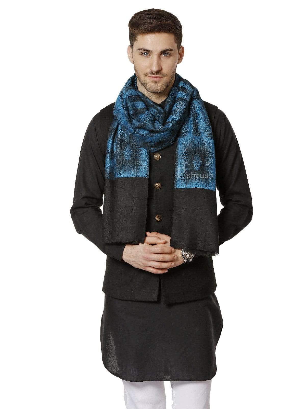 Pashtush India 70x200 Pashtush Mens Fine Wool Stole, Ikkat Design, Pacific Blue
