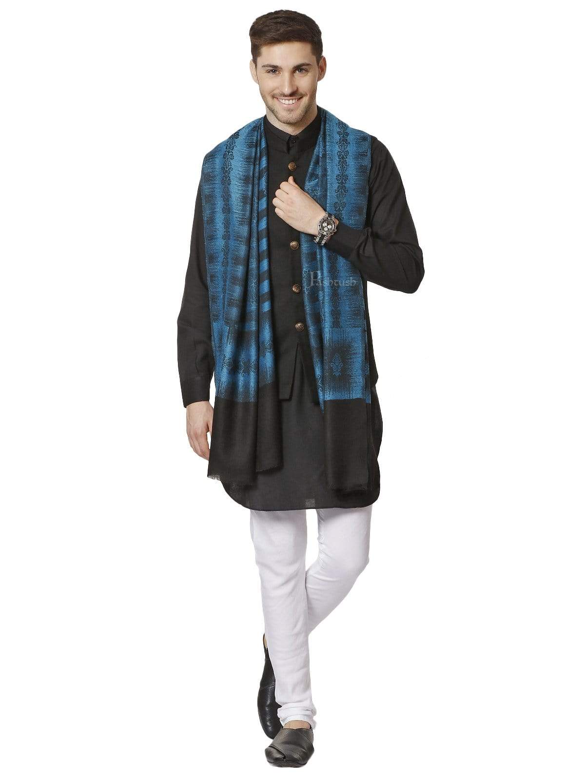 Pashtush India 70x200 Pashtush Mens Fine Wool Stole, Ikkat Design, Pacific Blue