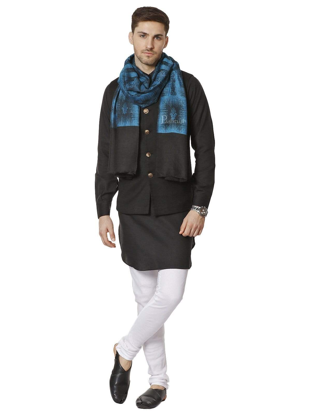 Pashtush India 70x200 Pashtush Mens Fine Wool Stole, Ikkat Design, Pacific Blue
