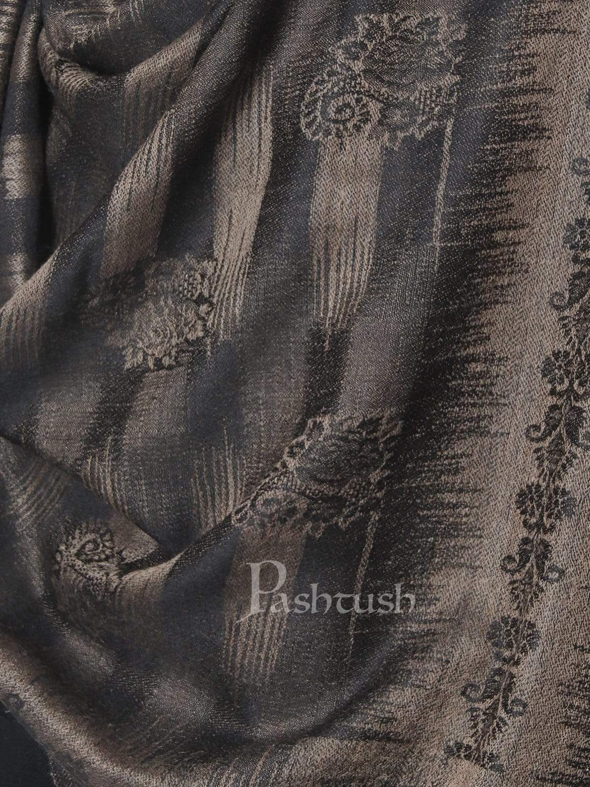 Pashtush India 70x200 Pashtush Mens Fine Wool Stole, Ikkat Design, Taupe and Black