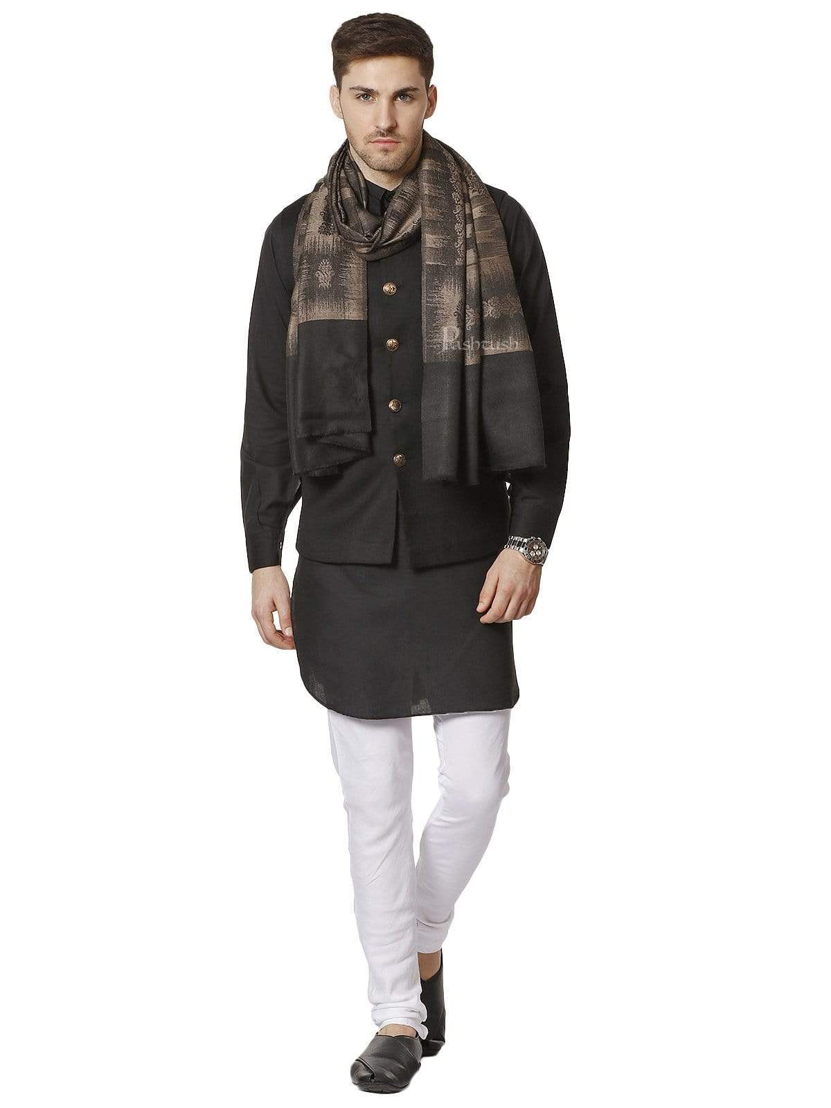 Pashtush India 70x200 Pashtush Mens Fine Wool Stole, Ikkat Design, Taupe and Black