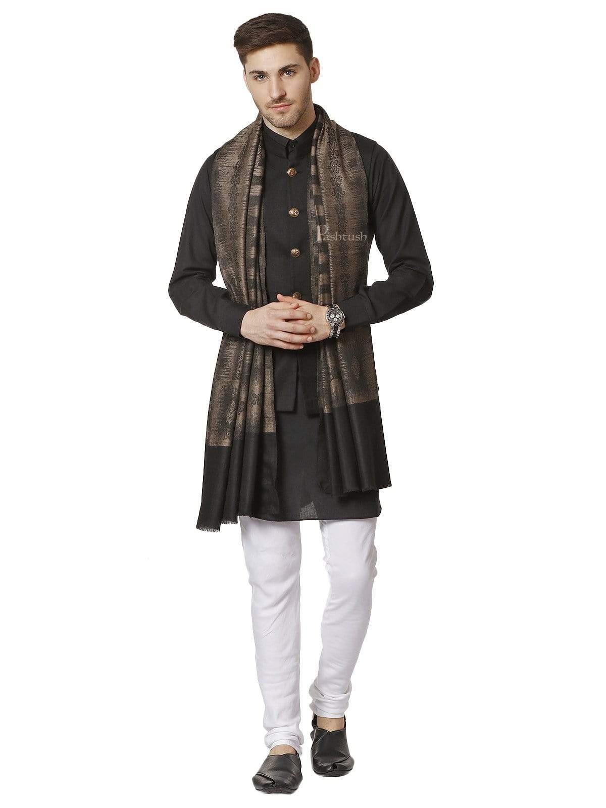 Pashtush India 70x200 Pashtush Mens Fine Wool Stole, Ikkat Design, Taupe and Black