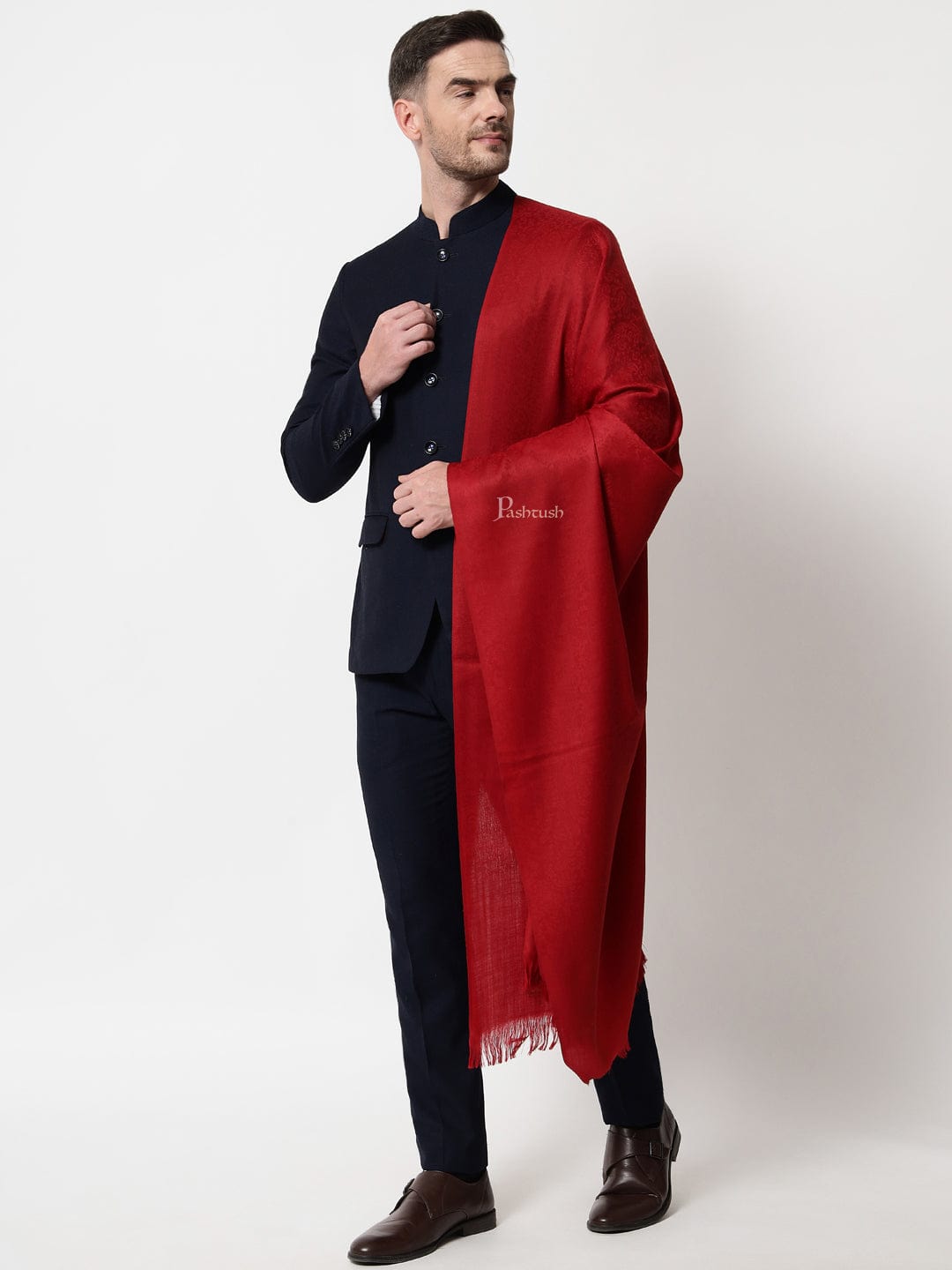 Pashtush India Mens Scarves Stoles and Mufflers Pashtush mens Fine Wool stole, jacquard design, Maroon