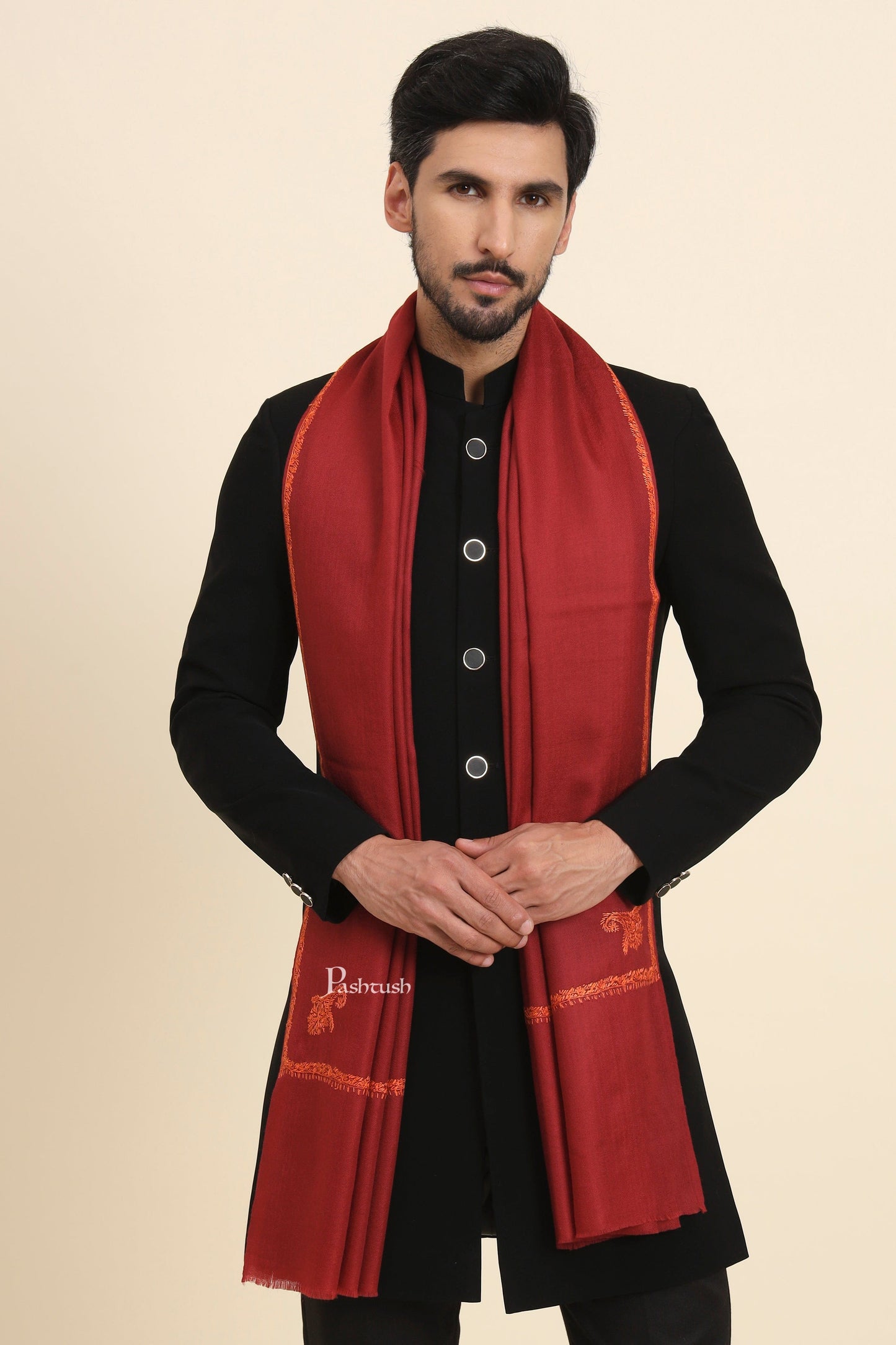 Pashtush India Mens Scarves Stoles and Mufflers Pashtush Mens Fine Wool Stole, Kingri Design, Maroon
