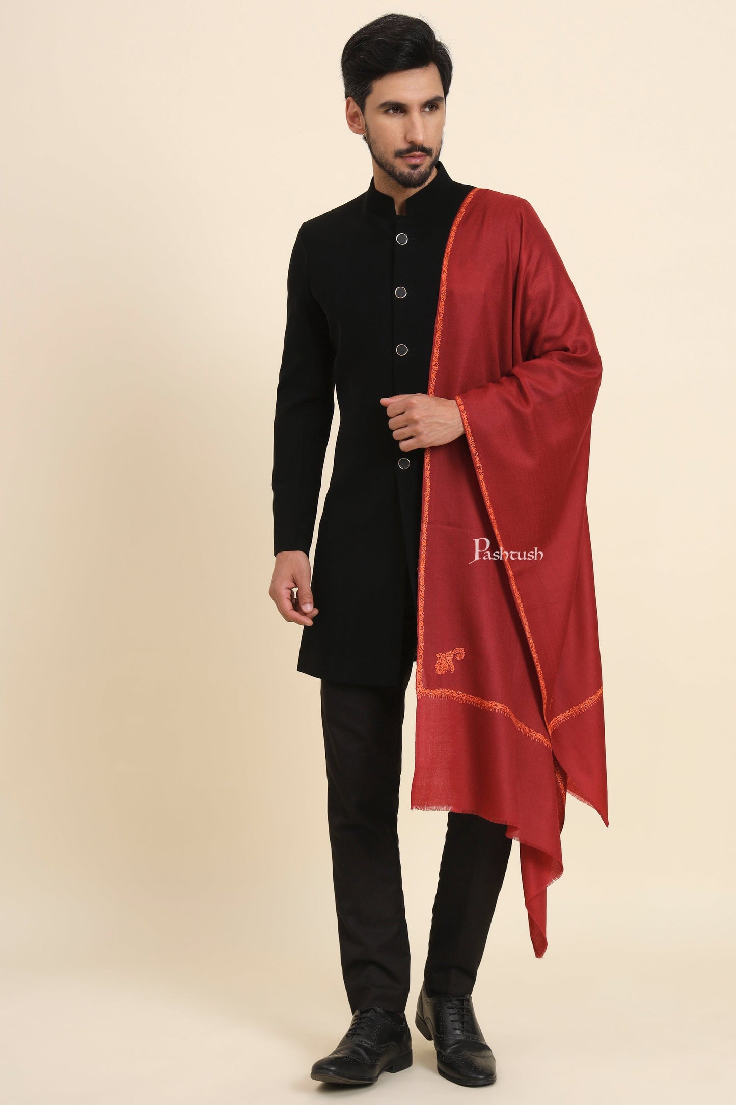 Pashtush India Mens Scarves Stoles and Mufflers Pashtush Mens Fine Wool Stole, Kingri Design, Maroon