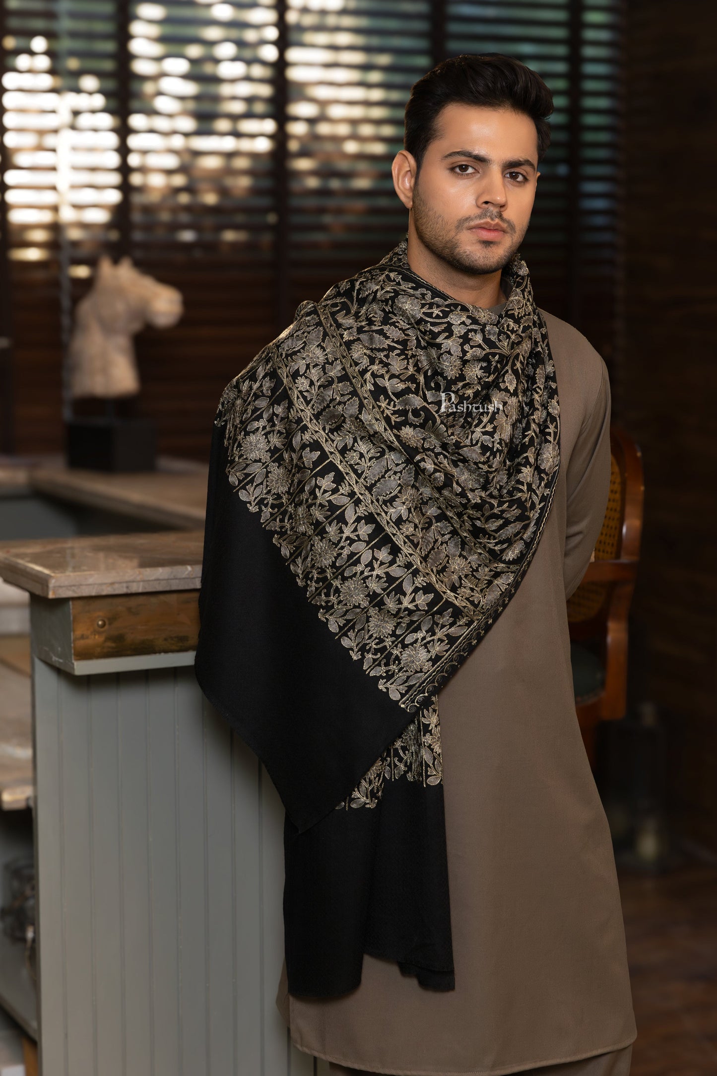Pashtush India Mens Scarves Stoles and Mufflers Pashtush Mens Fine Wool Stole, Nalki Embroidery Design, Black
