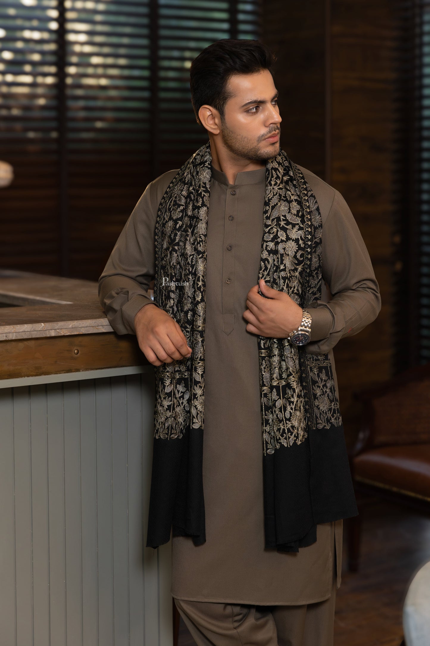 Pashtush India Mens Scarves Stoles and Mufflers Pashtush Mens Fine Wool Stole, Nalki Embroidery Design, Black