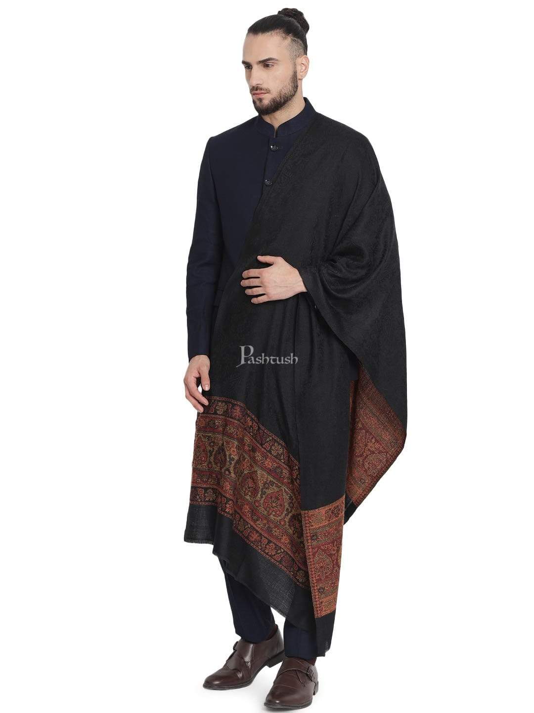 Pashtush India 70x200 Pashtush Mens Fine Wool Stole, Tuscan Sun, Black