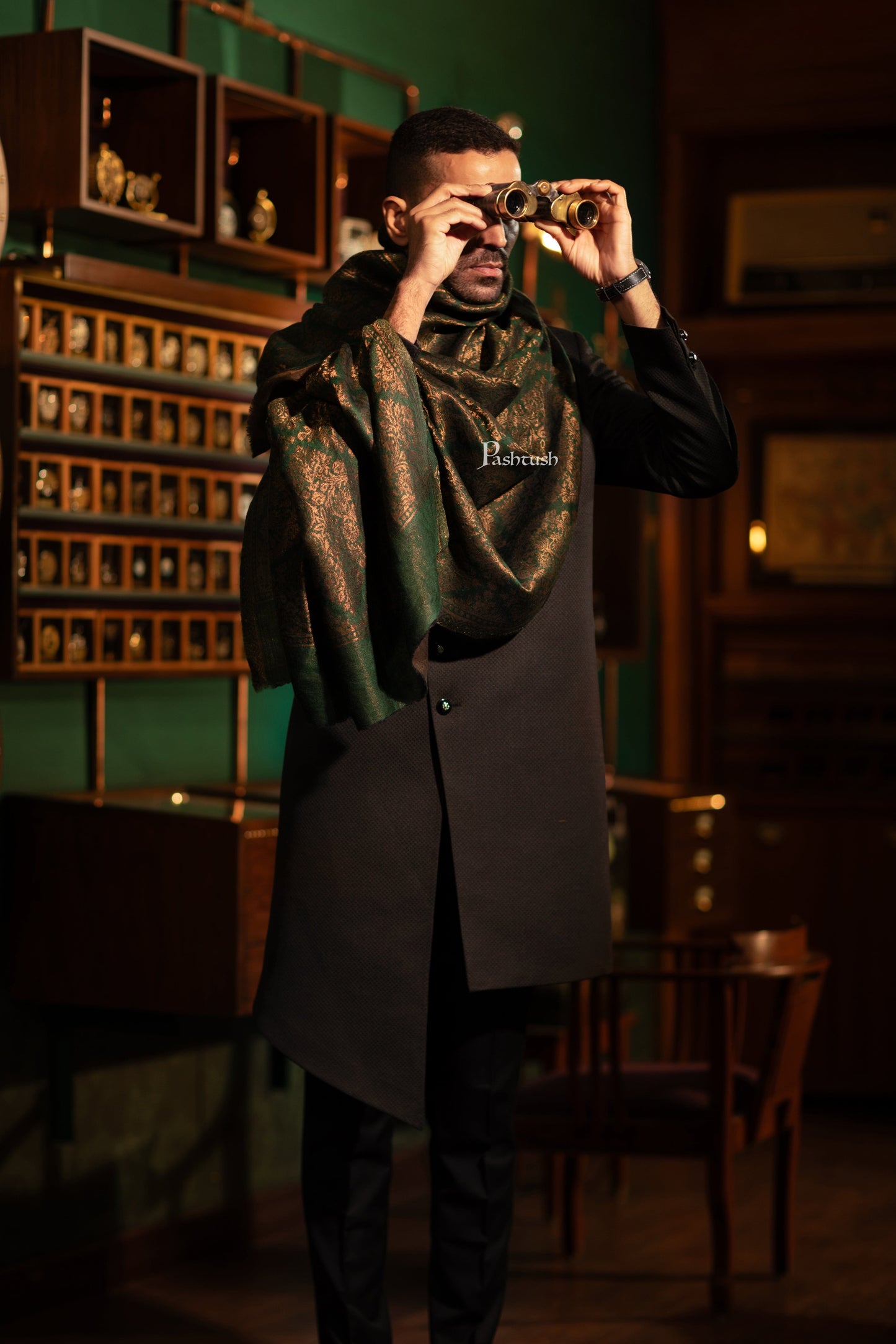 Pashtush India Mens Shawls Gents Shawl Pashtush Mens Fine Wool Stole, Twilight Collection with Metallic Weave, Emerald Green