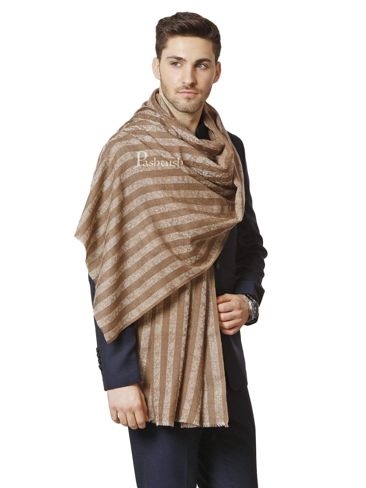 Pashtush India 70x200 Pashtush Mens Fine Wool Stole, With Self Weave, Bruges Brown