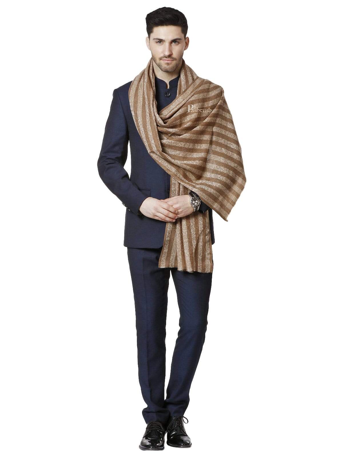 Pashtush India 70x200 Pashtush Mens Fine Wool Stole, With Self Weave, Bruges Brown