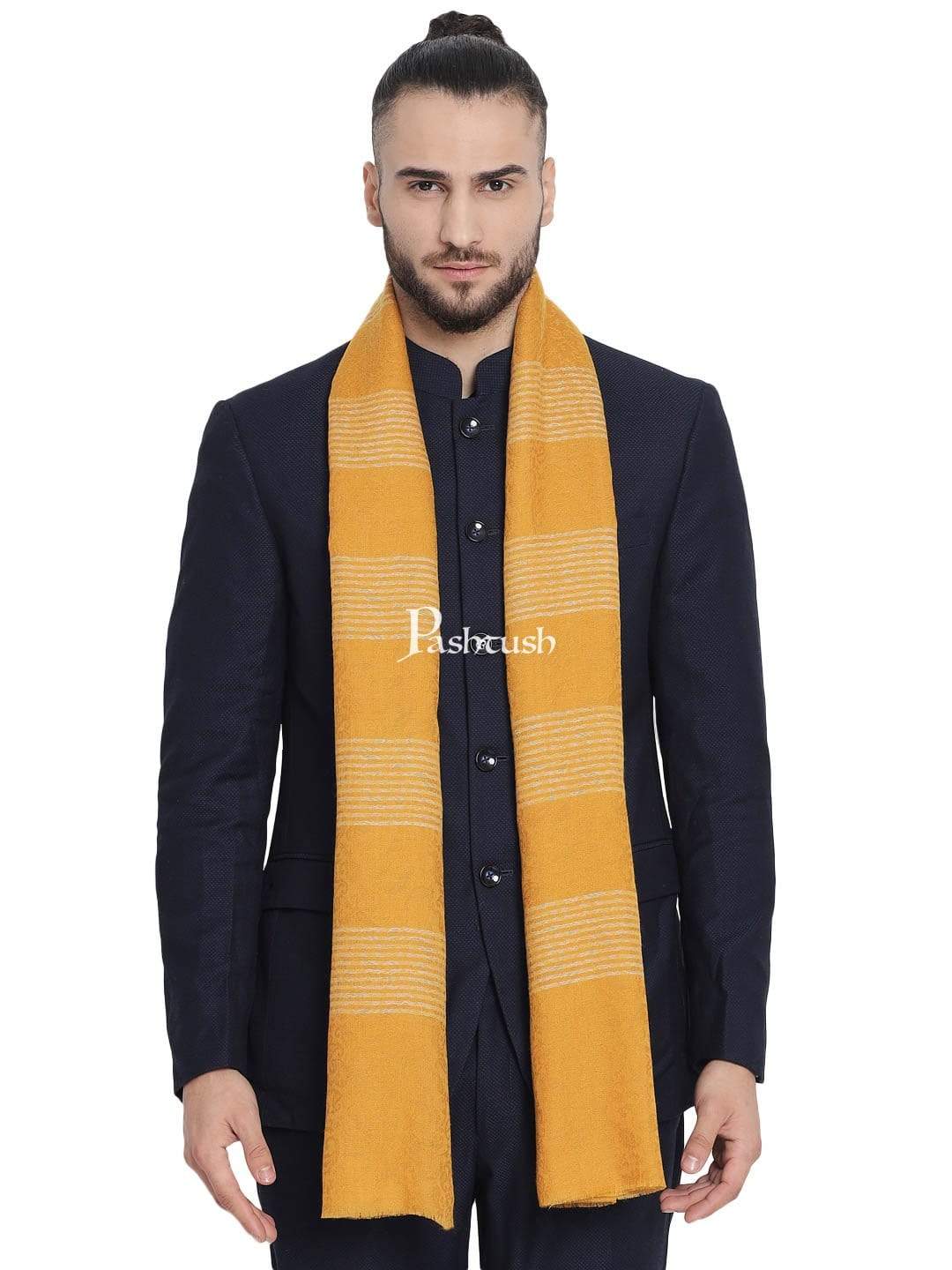 Pashtush India 70x200 Pashtush Mens Fine Wool Striped Muffler, Soft and Warm Stole Scarf, yellow