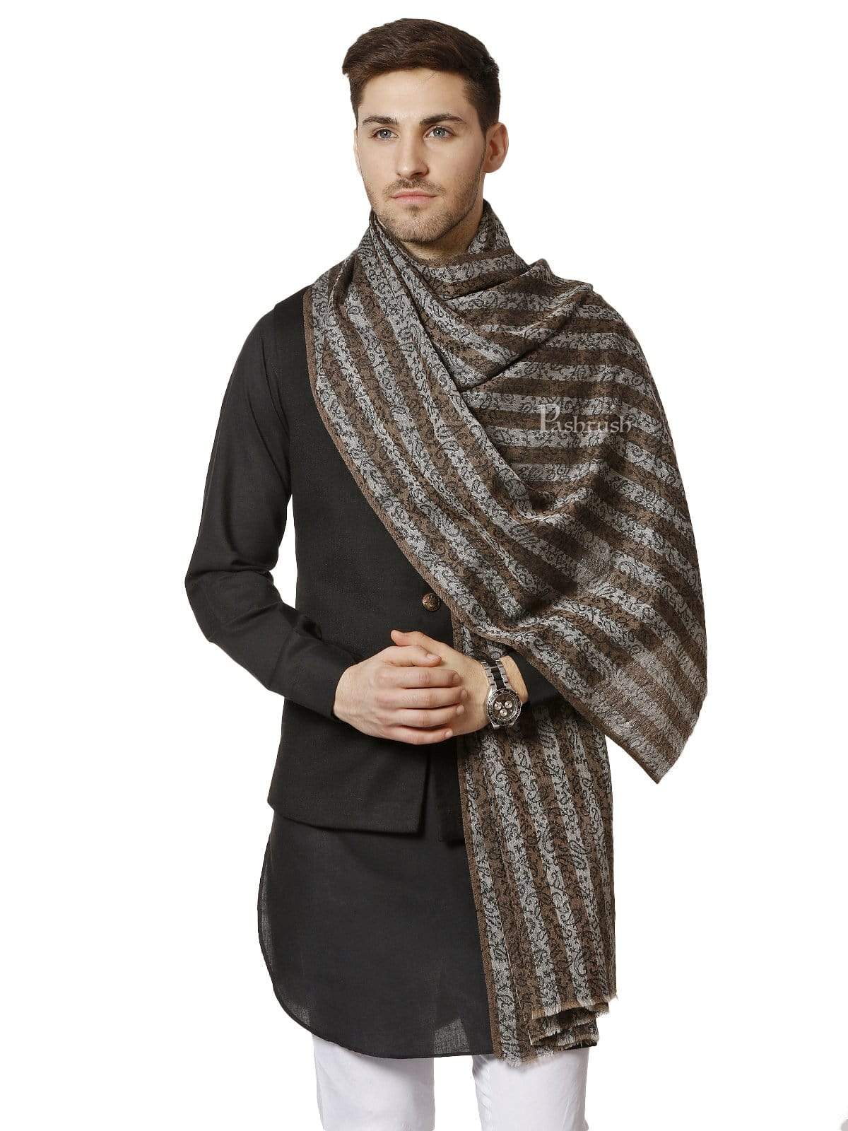 Pashtush India 70x200 Pashtush Mens Fine Wool Striped Stole, Black and Brown
