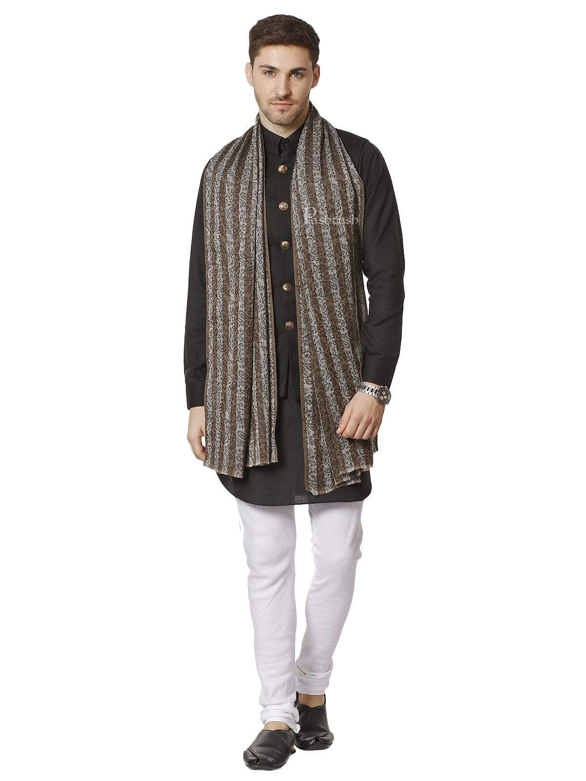 Pashtush India 70x200 Pashtush Mens Fine Wool Striped Stole, Black and Brown