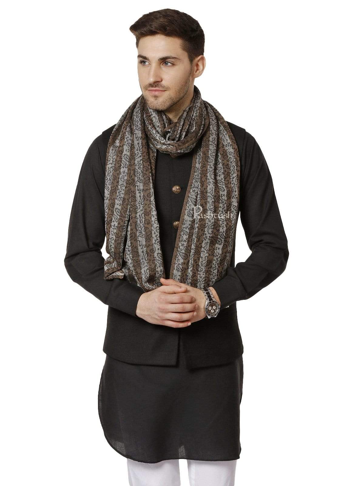 Pashtush India 70x200 Pashtush Mens Fine Wool Striped Stole, Black and Brown